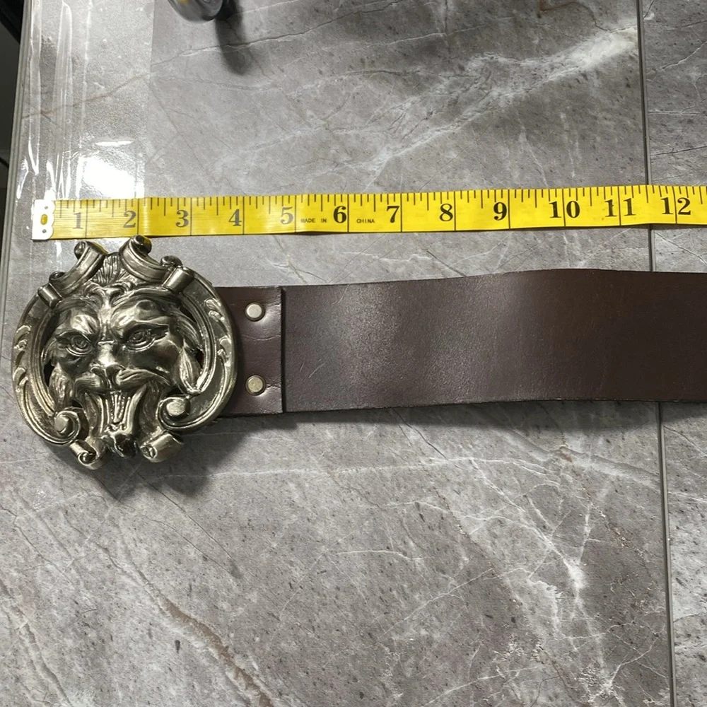 Vintage J.S.S. Elche Belt Face Brown Silver Leather‎ Large Metal Buckle Dragon